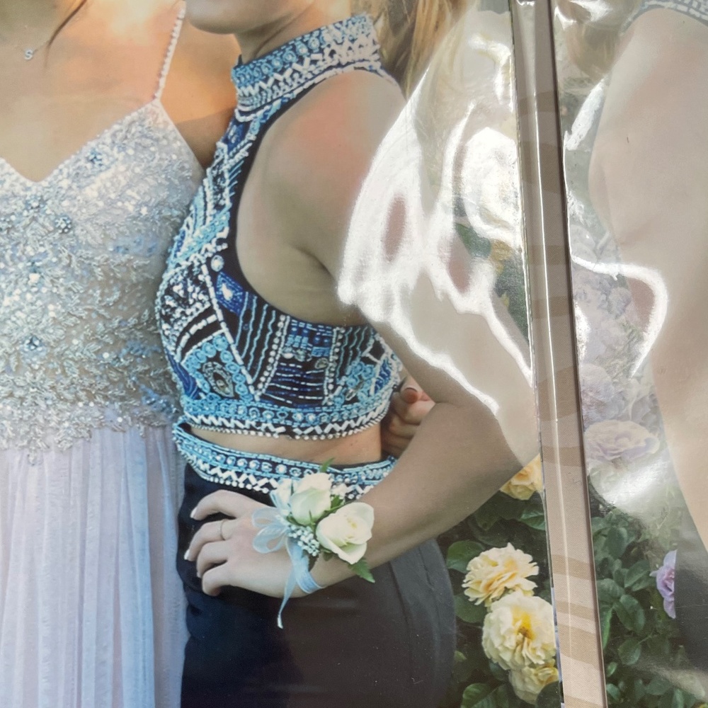 Size 3/4 Black w/ Blue and White Intricate Beading Side Cut-Out Prom Dress